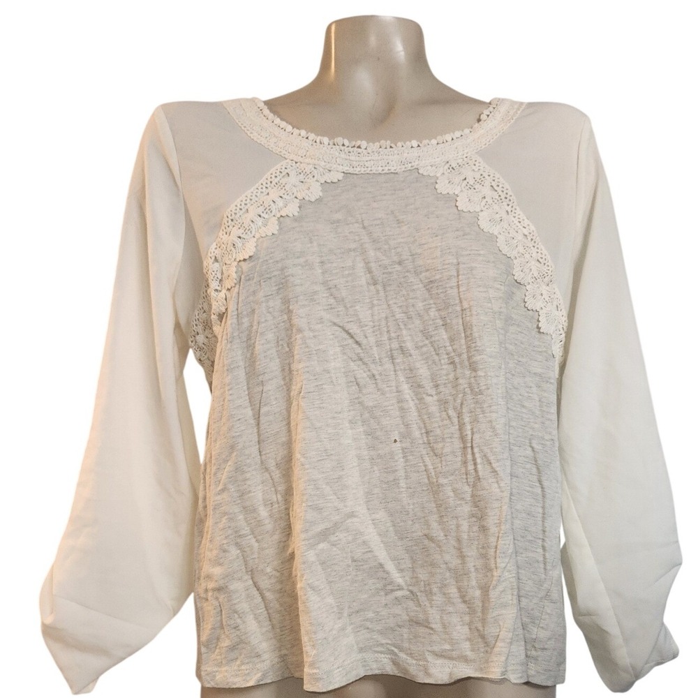 Skies Are‎ Blue Womens Grey Cream Crochet Lace Mixed Media Raglan Top L beach